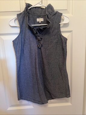 Mud Pie Sleeveless Ruffle-Neck Chambray Top in Dark Gray